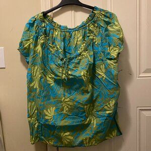 Plus Size 3X/4X Tropical Leaf Off Shoulder Peasant Blouse